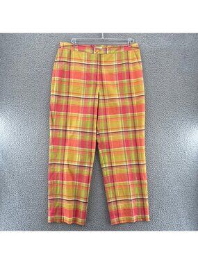 Liz Golf Pants Womens 14 Audra Coral Plaid Linen Cotton Blend Tapered Leg Pocket